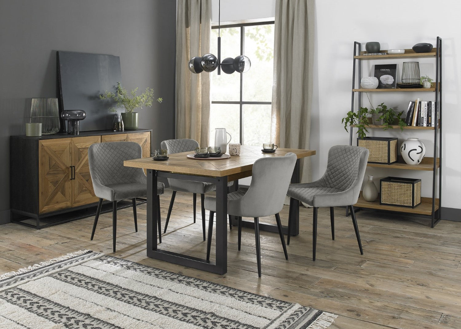Rustic Oak Extending Dining Table 4 Grey Velvet Chairs