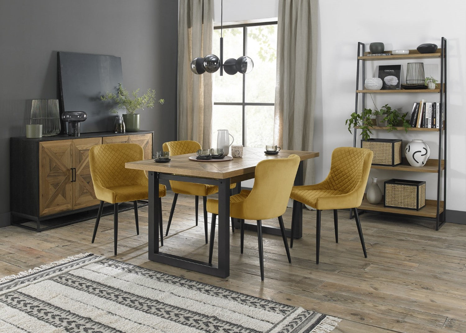 Rustic Oak Extending Dining Table 4 Yellow Velvet Chairs Set