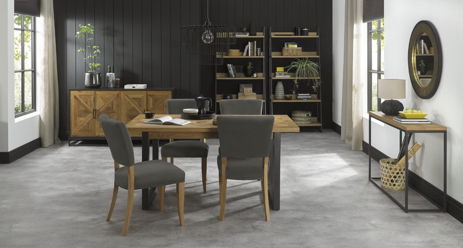 Rustic Oak Extending Dining Table Set 4 Dark Grey Chairs