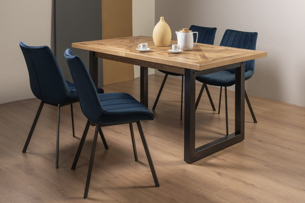 Rustic Oak Extending Dining Table Set 4 Blue Velvet Chairs