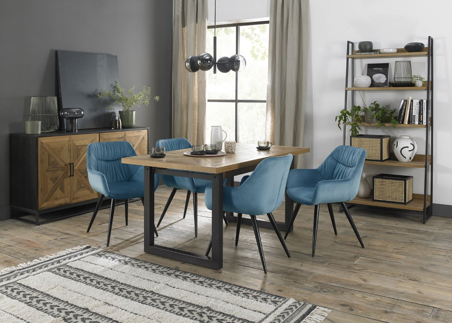 Rustic Oak Extending Dining Table Set 4 Blue Velvet Chairs