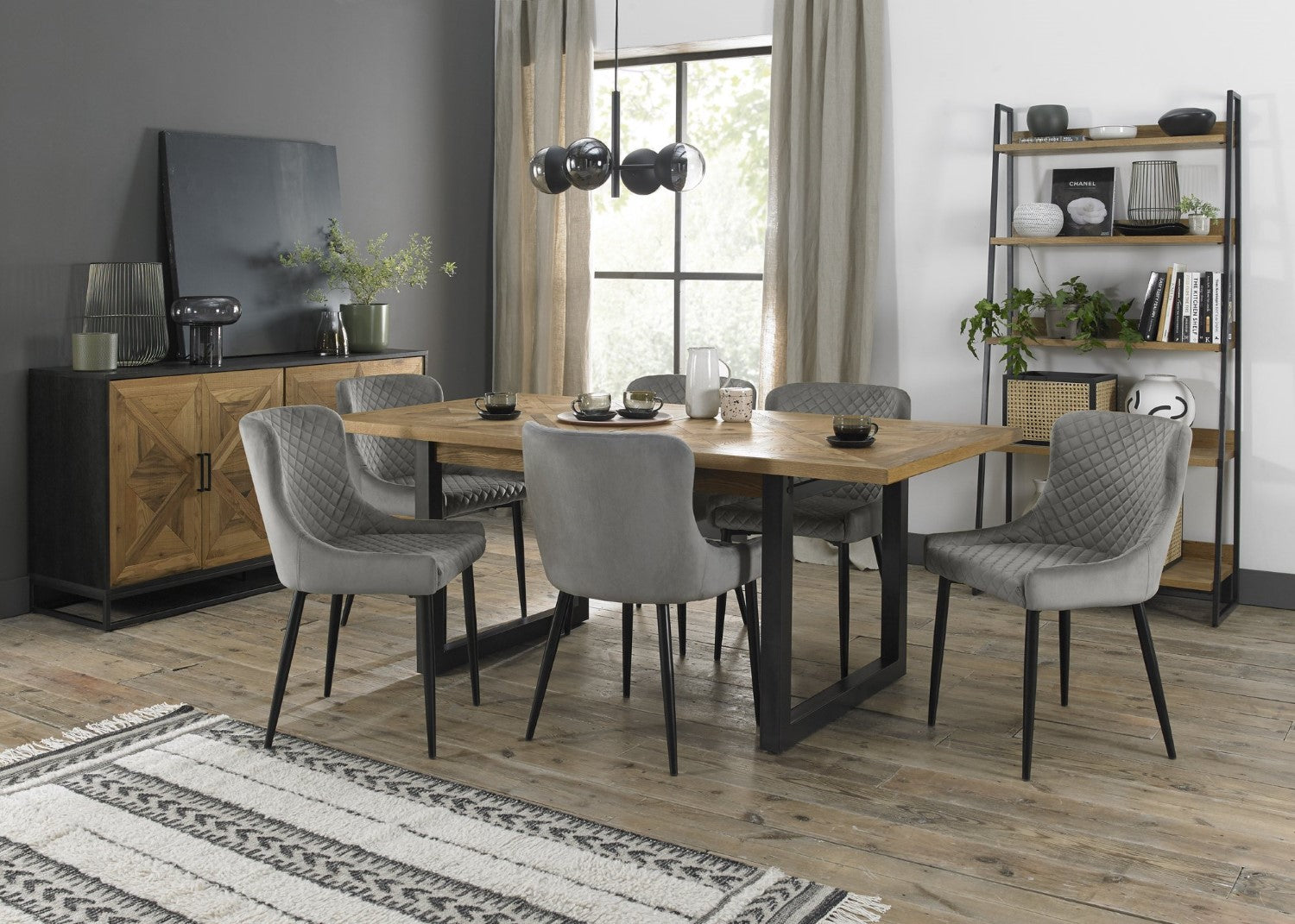 Rustic Oak Extending Dining Table Set 6 Grey Fabric Chairs