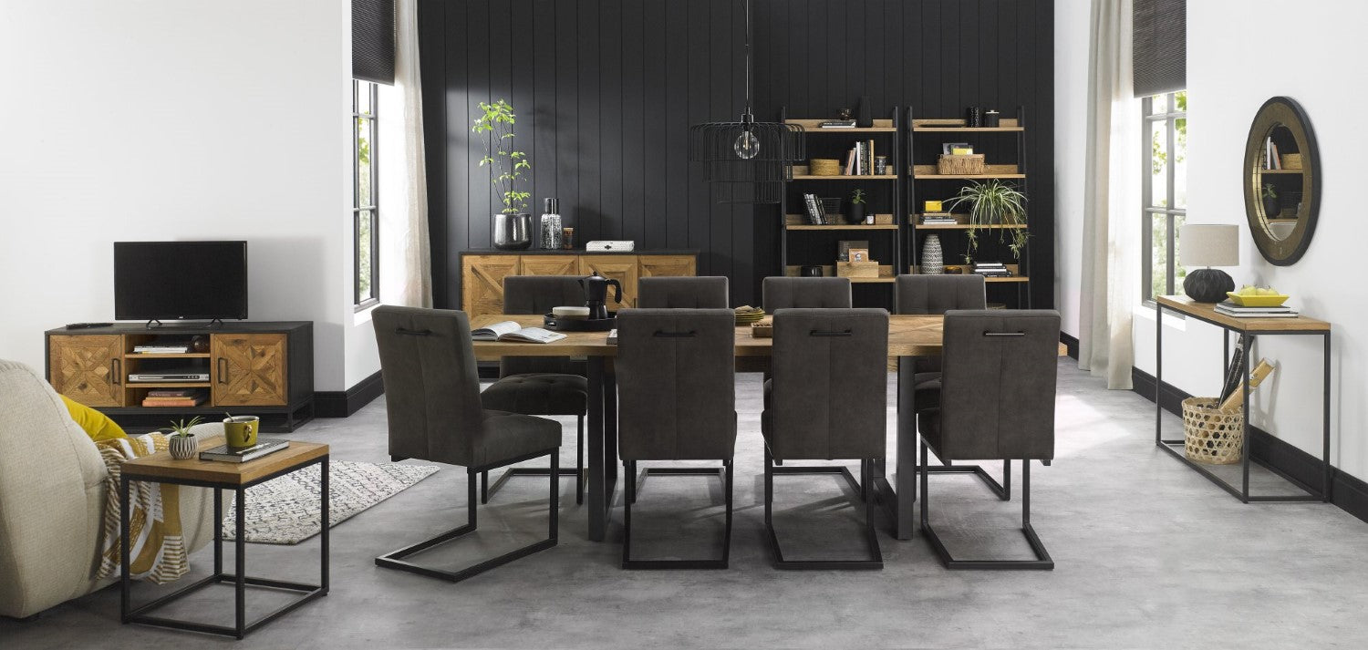Rustic Oak Extending Dining Table Set 8 Grey Fabric Chairs - Home Furniture Interiors