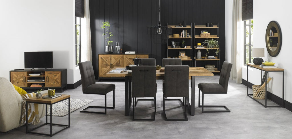 Rustic Oak Extending Dining Table Set 8 Grey Fabric Chairs