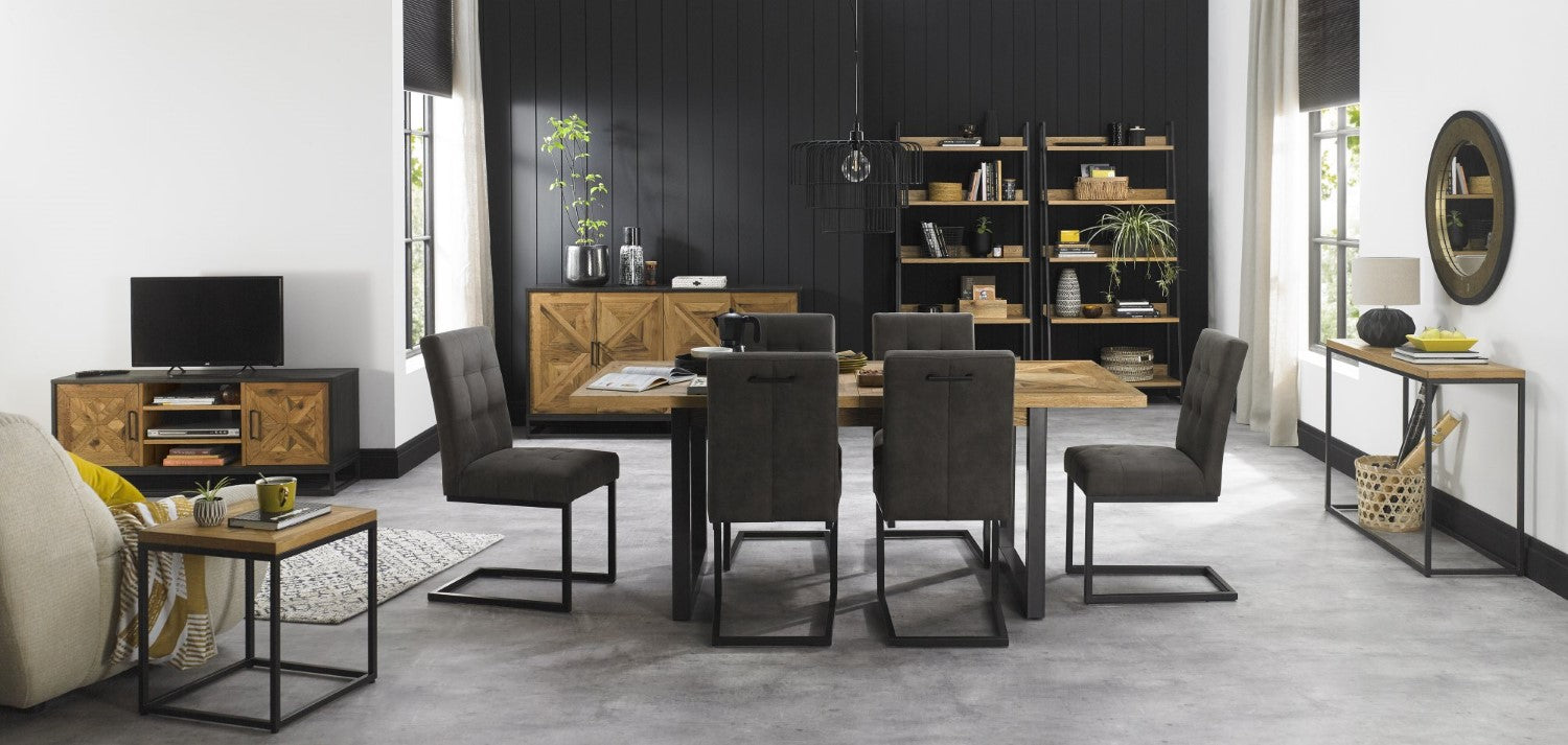 Rustic Oak Extending Dining Table Set 8 Grey Fabric Chairs