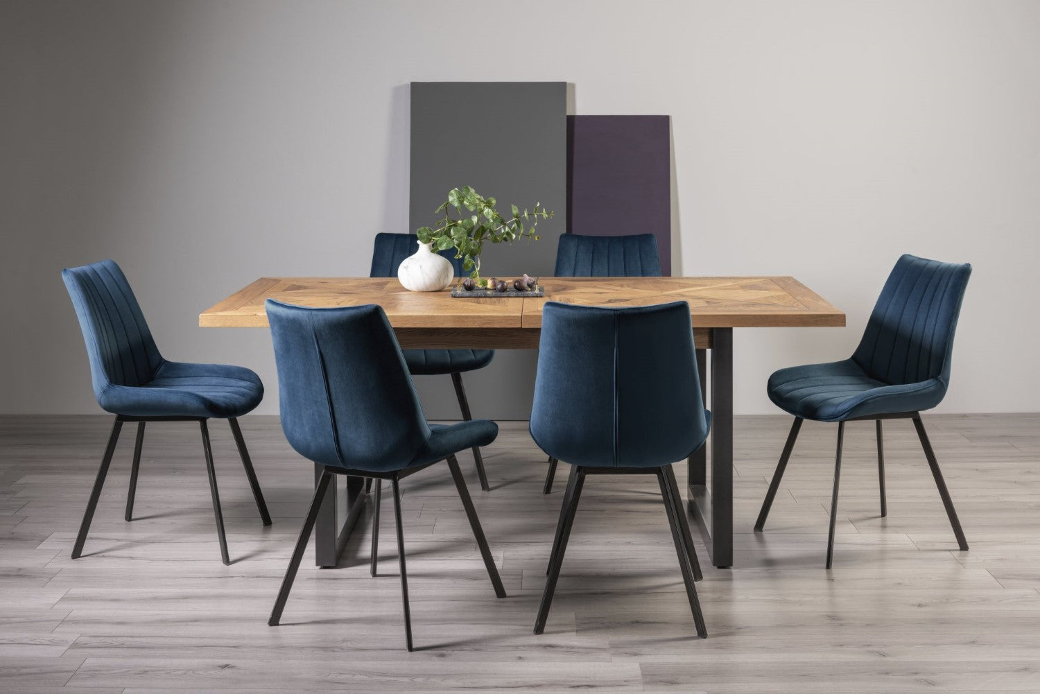 Rustic Oak Extending Dining Table Set 6 Blue Velvet Chairs