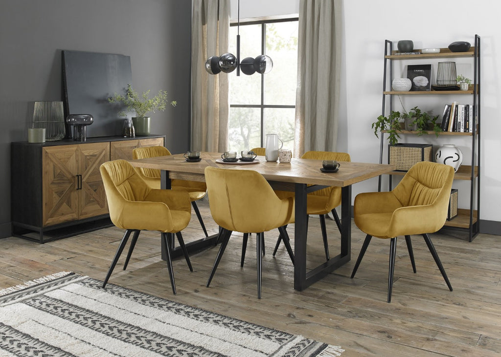 Rustic Oak Top Extending Dining Set 6 Yellow Velvet Chairs