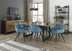 Rustic Oak Dining Table Set 6 Blue Velvet Fabric Chairs