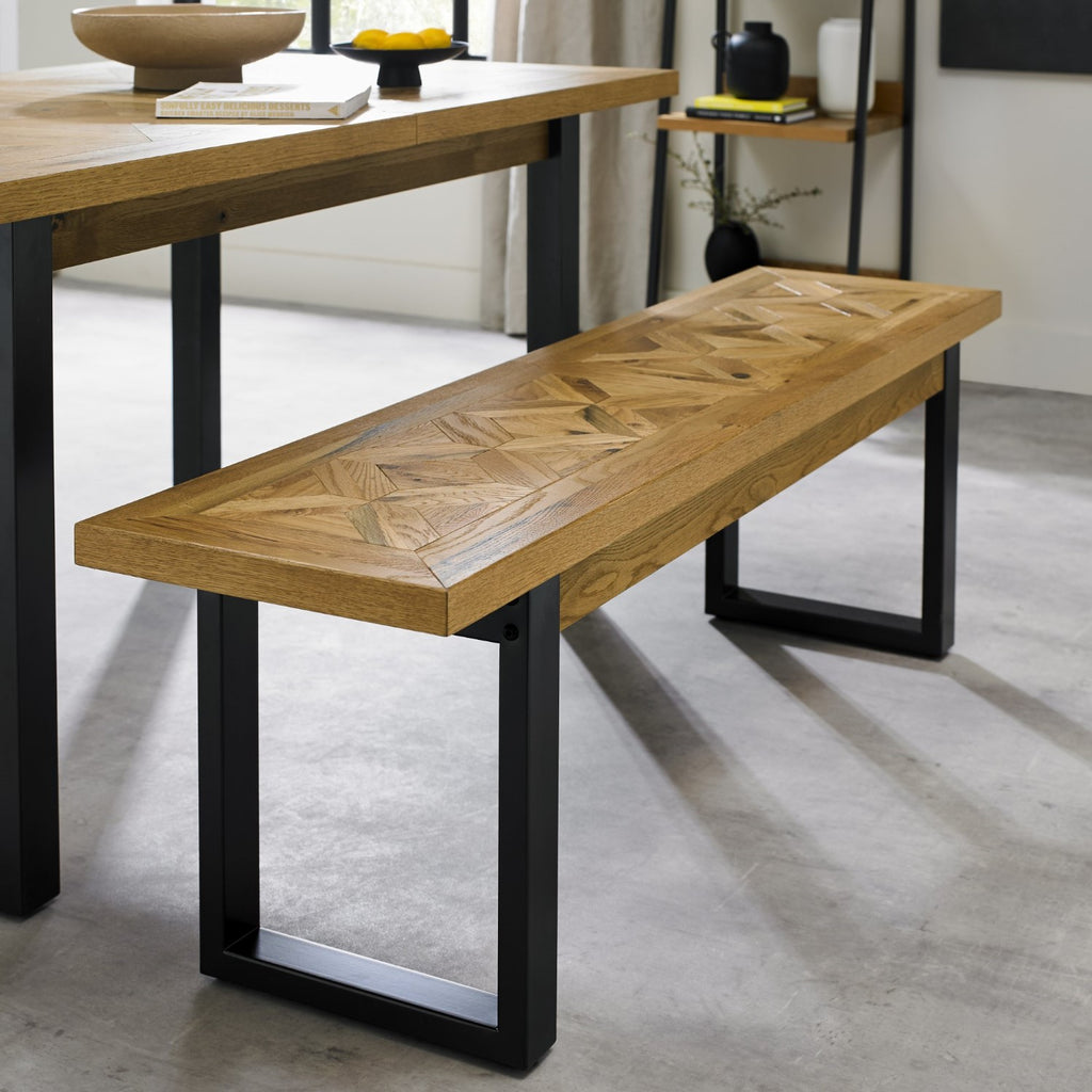 Rustic Oak Parquet Top Dining Table Bench Seat
