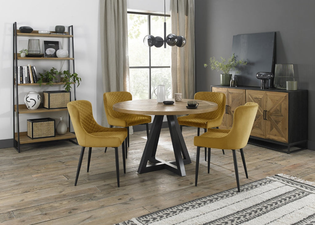 Rustic Oak Dining Table 4 Yellow Velvet Chairs Dining Set