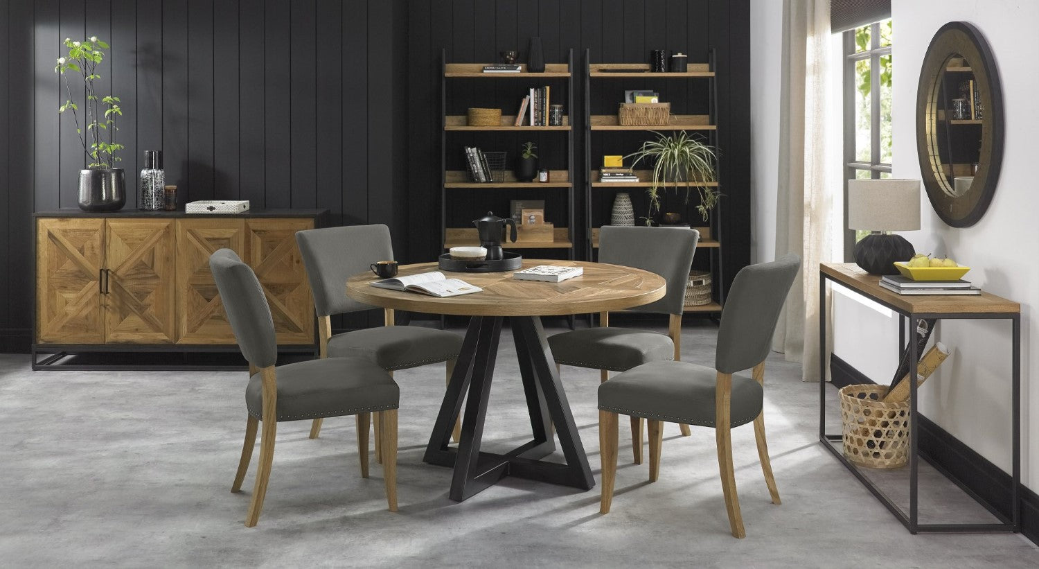 Rustic Oak Round Dining Table 4 Dark Grey Fabric Chairs - Home Furniture Interiors