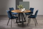 Rustic Oak Small Round Dining Set Legs 4 Blue Velvet Chairs