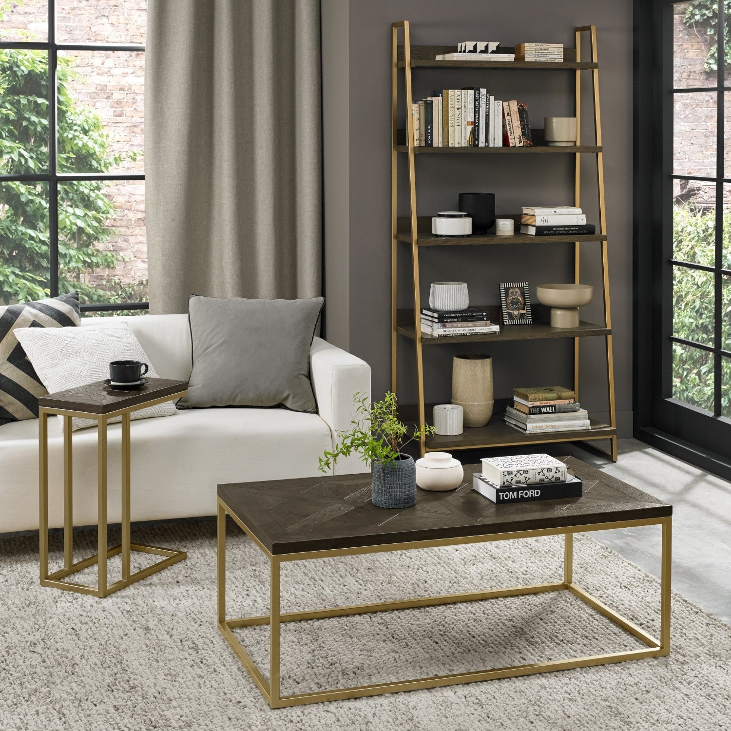 Dark Fumed Oak Sofa Table Satin Brass Cantilever Metal Frame - Home Furniture Interiors