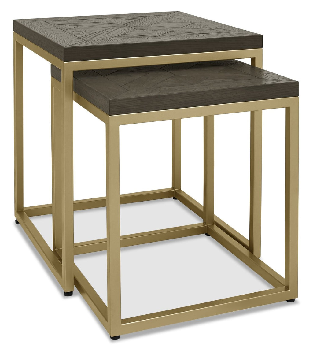 Dark Oak Wood Satin Brass Metal 45cm Square Nest of 2 Tables - Home Furniture Interiors