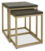 Dark Oak Wood Satin Brass Metal 45cm Square Nest of 2 Tables - Home Furniture Interiors