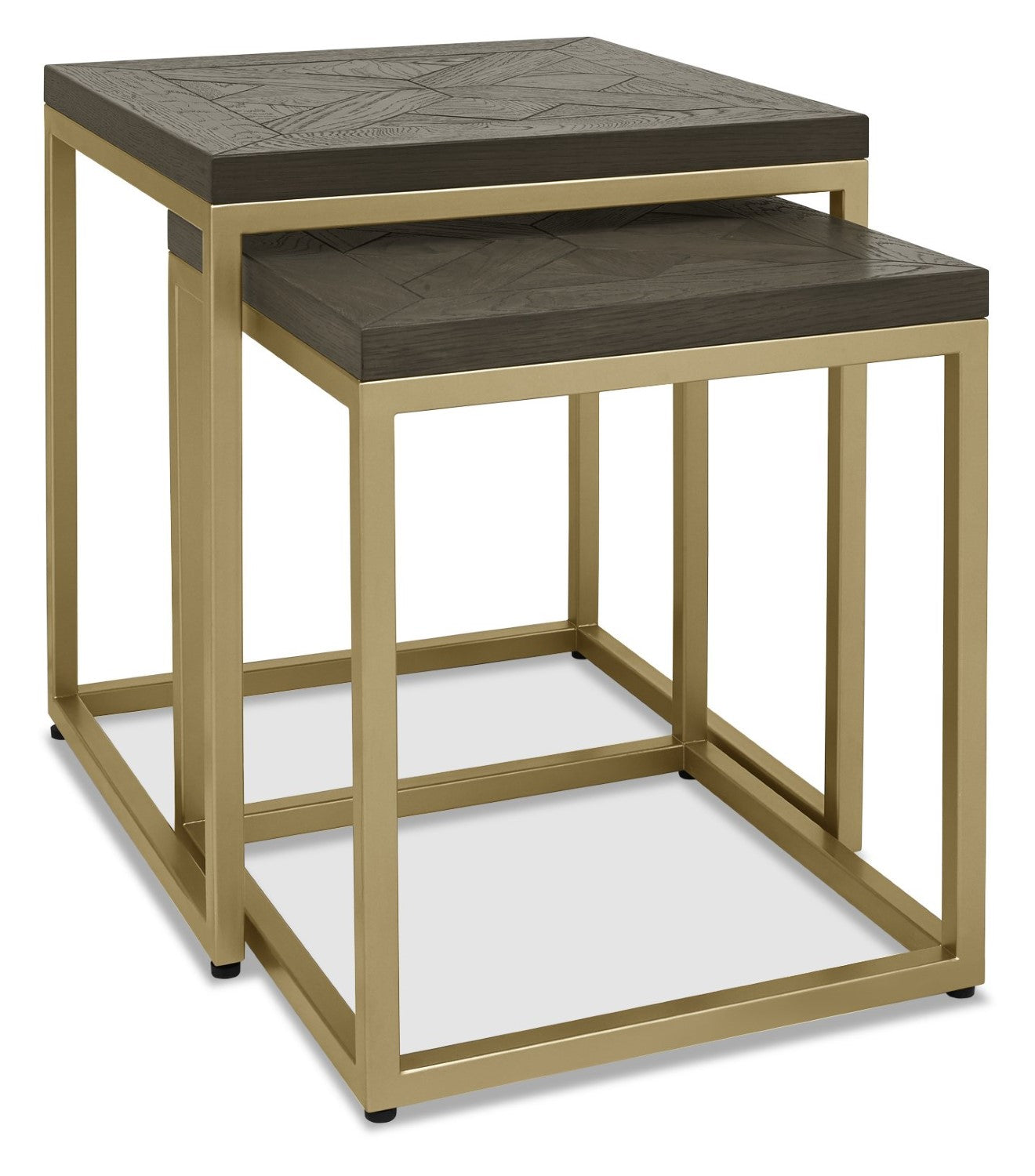 Dark Oak Wood Satin Brass Metal 45cm Square Nest of 2 Tables - Home Furniture Interiors