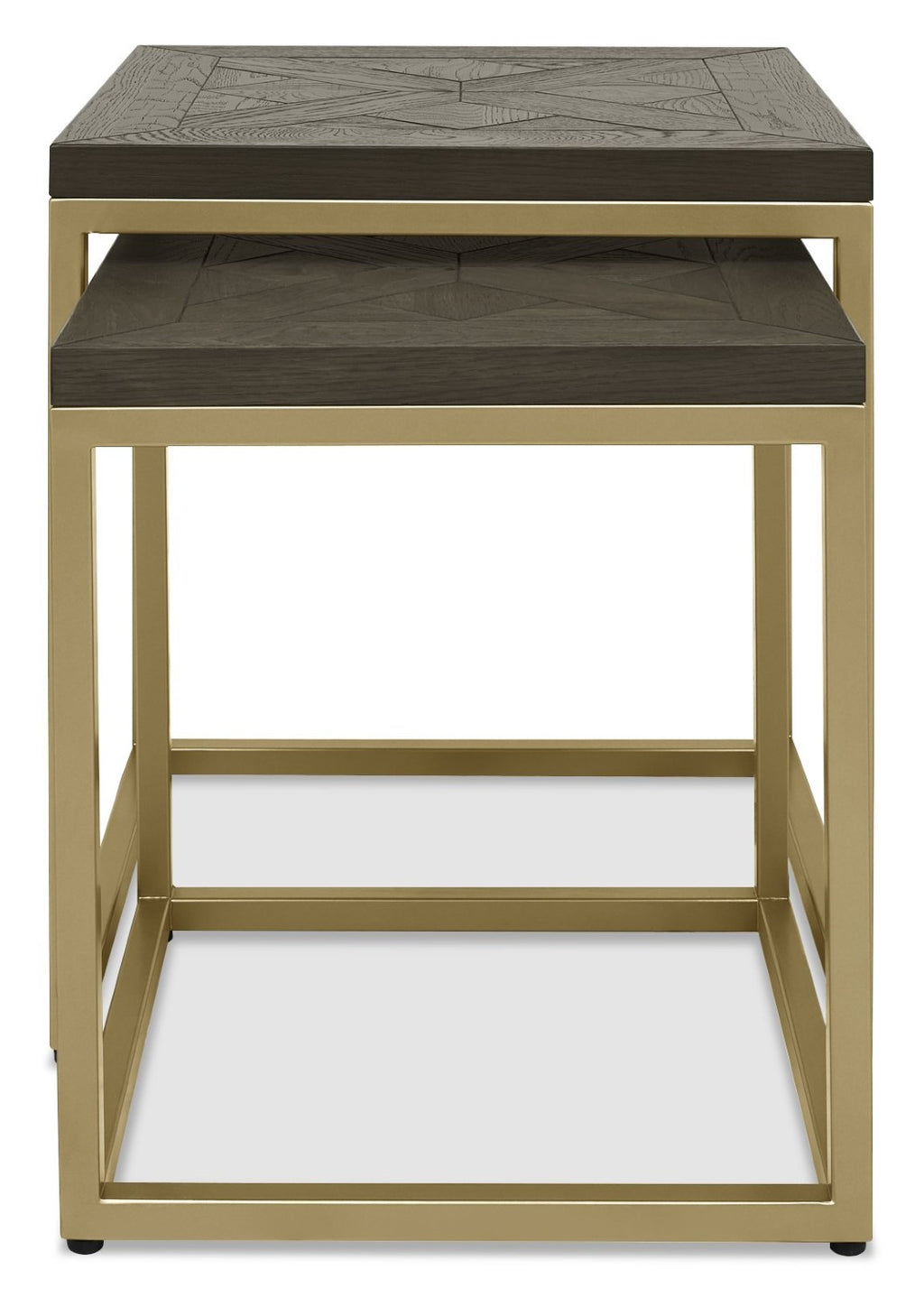 Dark Oak Wood Satin Brass Metal 45cm Square Nest of 2 Tables - Home Furniture Interiors