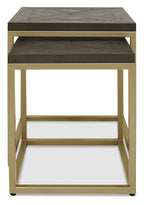 Dark Oak Wood Satin Brass Metal 45cm Square Nest of 2 Tables - Home Furniture Interiors