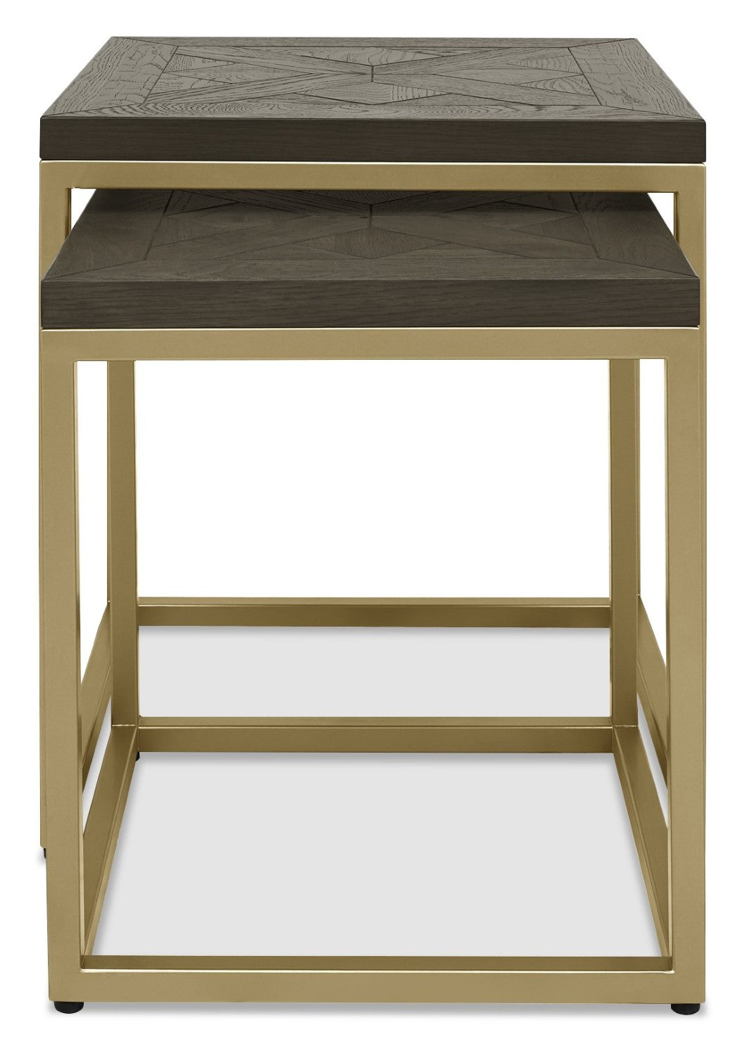 Dark Oak Wood Satin Brass Metal 45cm Square Nest of 2 Tables - Home Furniture Interiors
