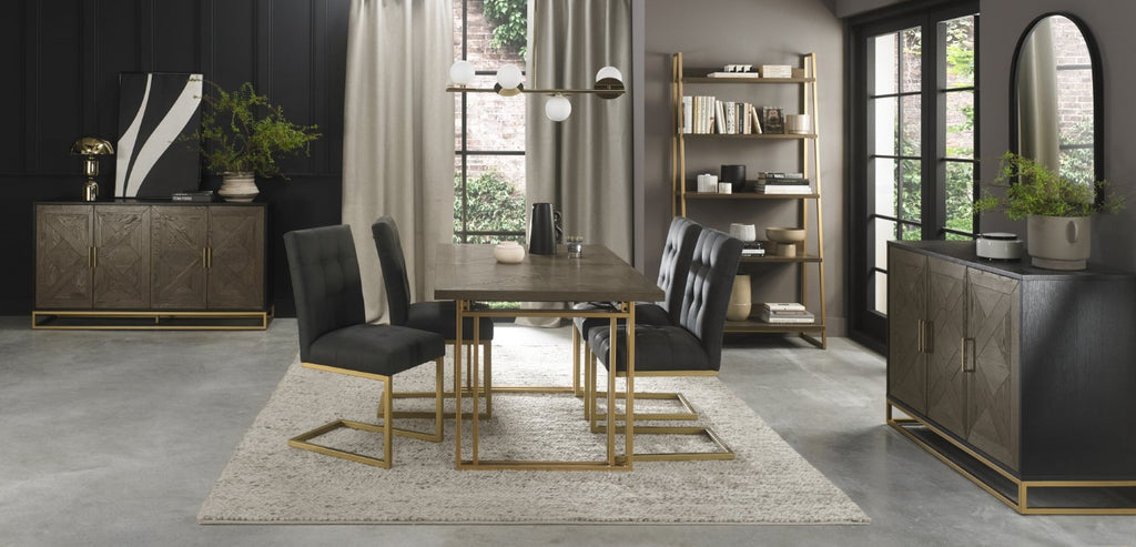 Black Fabric and Brass Metal Cantilever Dining Chair - Home Furniture Interiors