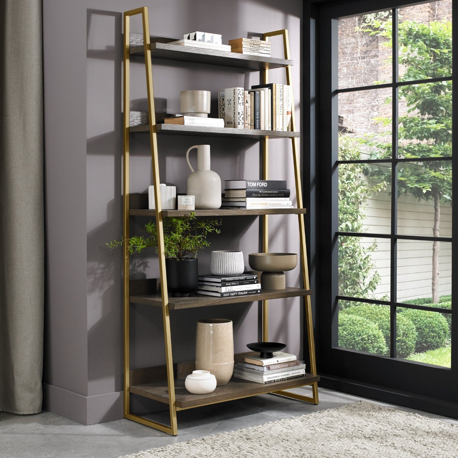 Dark Oak Open Shelving Display Unit Brass Metal Frame