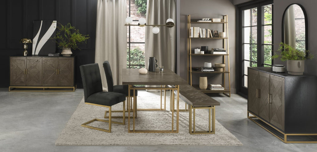 Dark Oak Open Shelving Display Unit Brass Metal Frame - Home Furniture Interiors