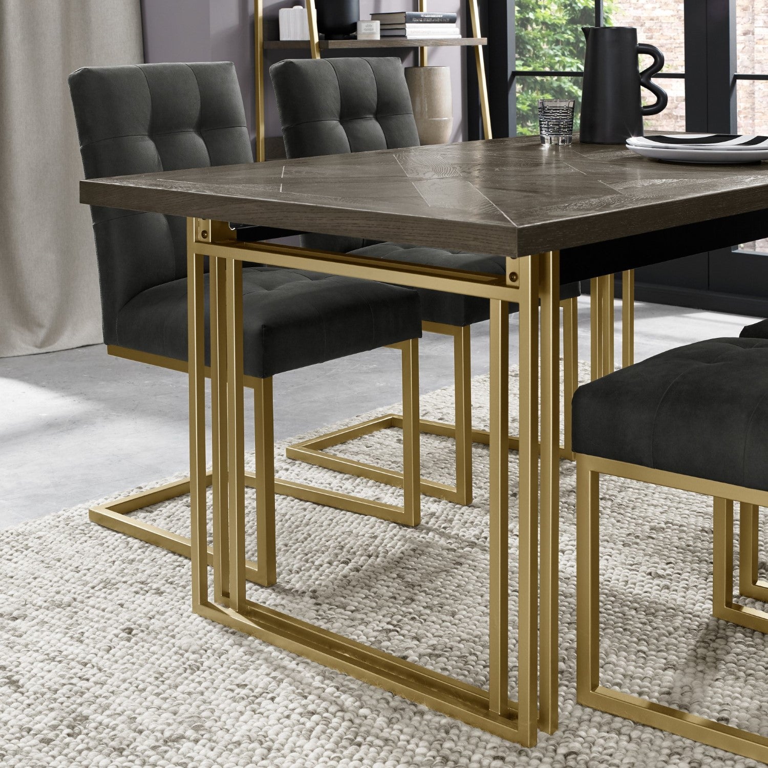 Dark Oak 4 to 6 Seater Extending Dining Table Brass Base