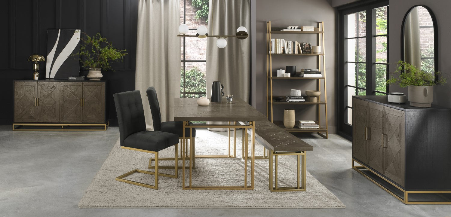 Dark Oak 4 to 6 Seater Extending Dining Table Brass Base - Home Furniture Interiors
