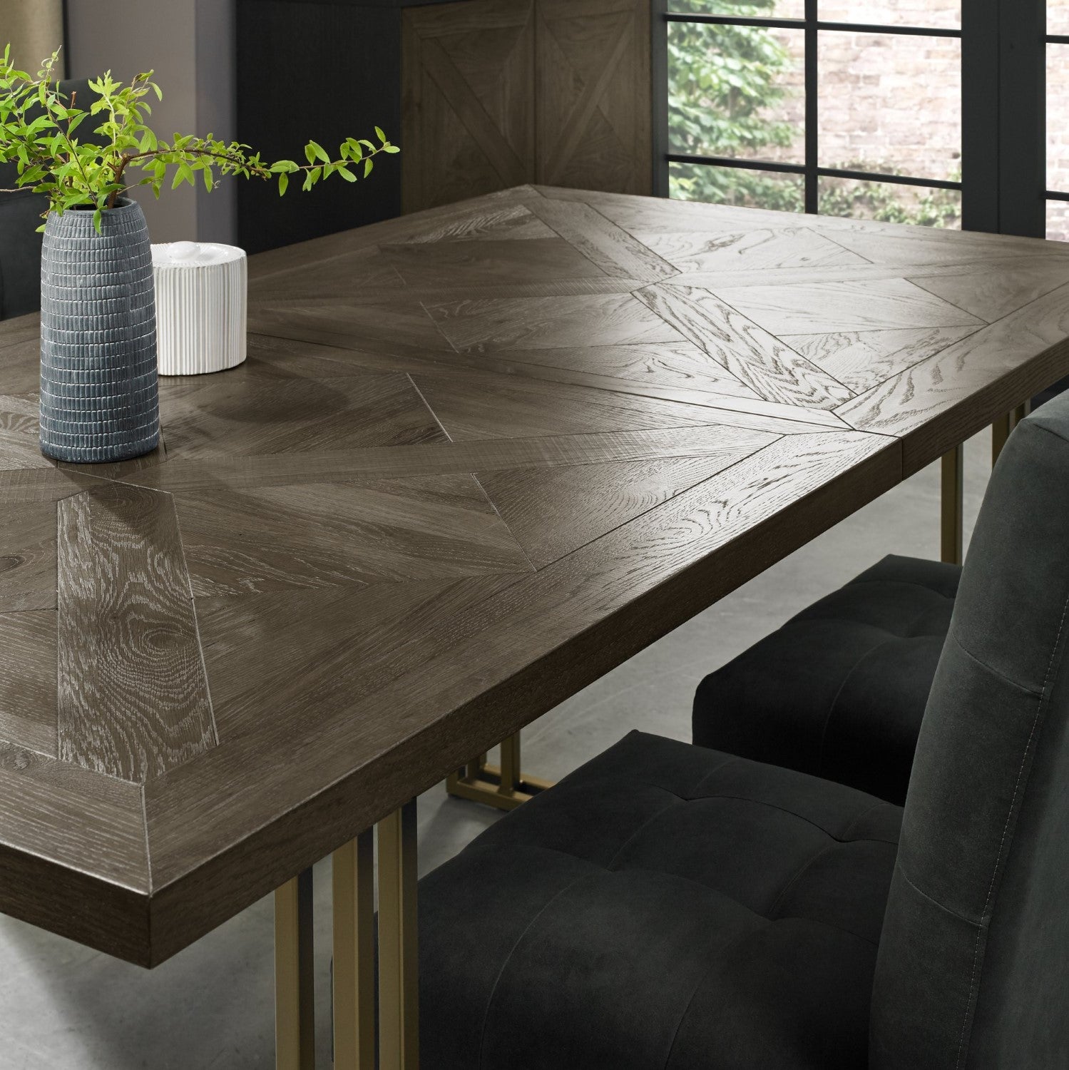 Dark Oak Large Extending Dining Table with Brass Metal Base - Home Furniture Interiors