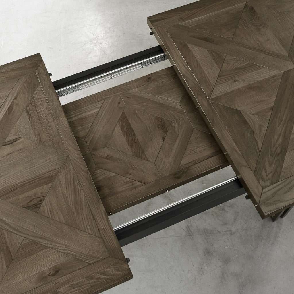 Dark Oak Large Extending Dining Table with Brass Metal Base - Home Furniture Interiors