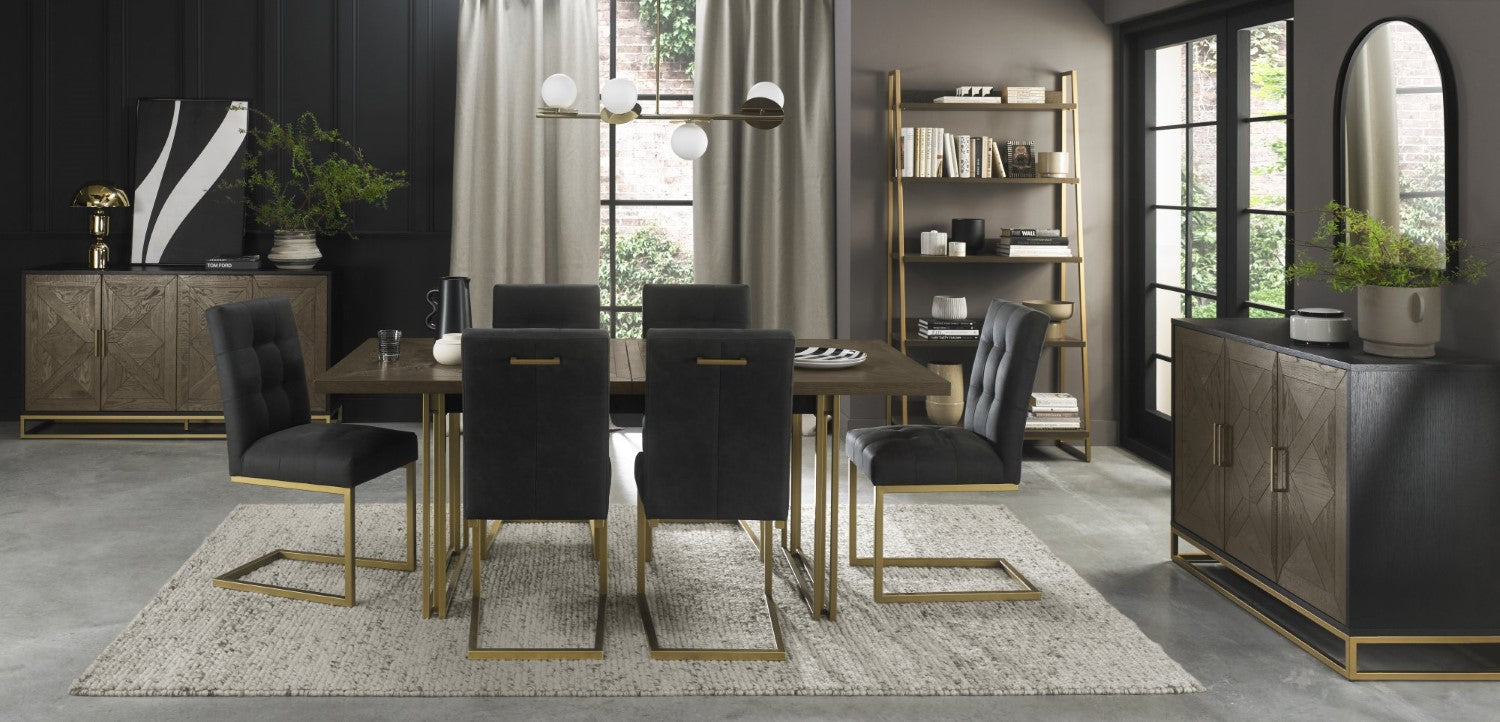 Dark Oak Large Extending Dining Table with Brass Metal Base - Home Furniture Interiors
