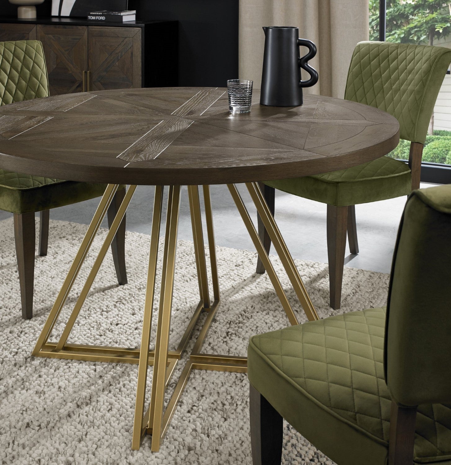 Dark Oak Medium 4 Seater Round Dining Table with Brass Base