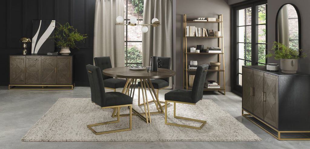 Dark Oak Medium 4 Seater Round Dining Table with Brass Base - Home Furniture Interiors