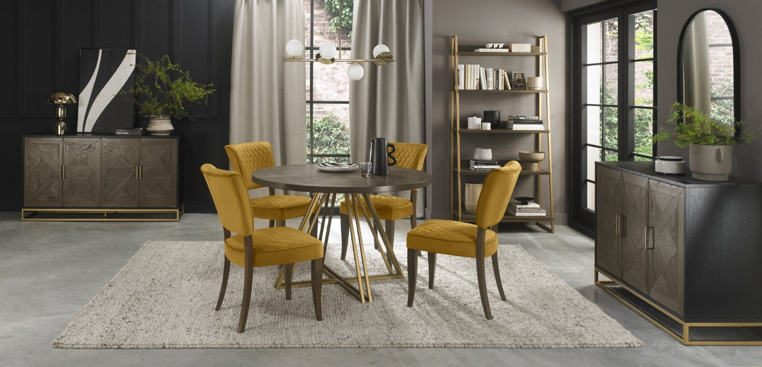 Dark Oak Medium 4 Seater Round Dining Table with Brass Base - Home Furniture Interiors