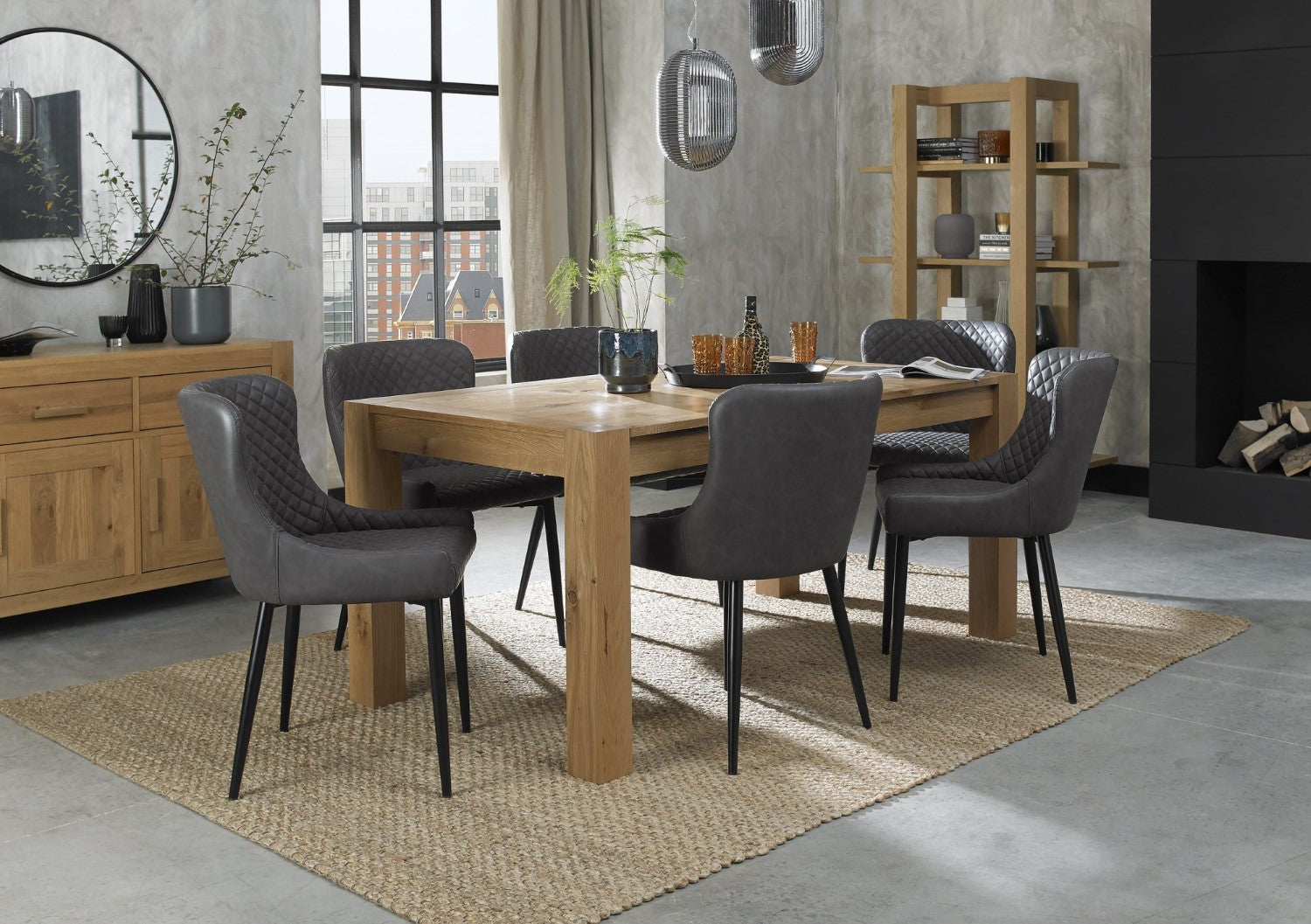 Light Oak Dining Table Set 6 Dark Grey Leather Chairs