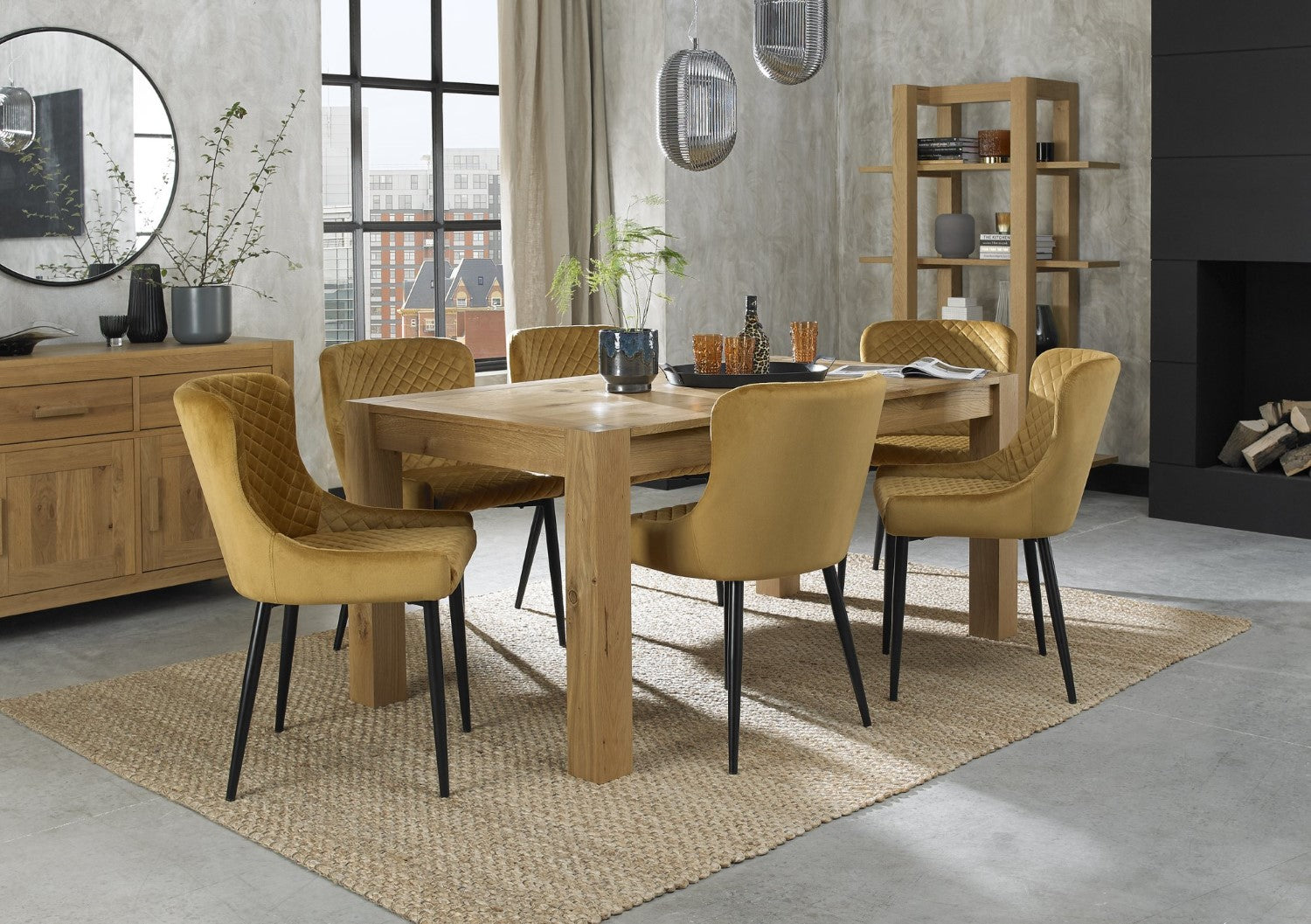 Light Oak Dining Table Set 6 Yellow Velvet Chairs