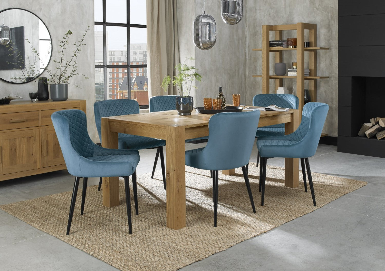 Light Oak 8 Seater Table And 6 Blue Velvet Chairs Dining Set