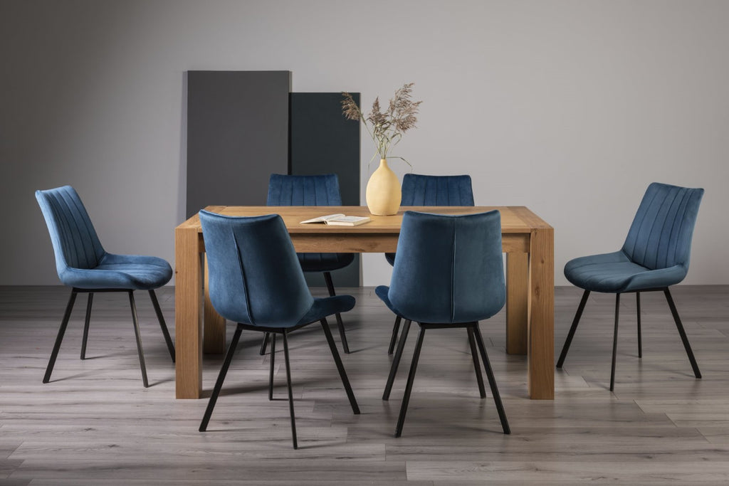 Light Oak Dining Table Set 6 Blue Velvet Chairs