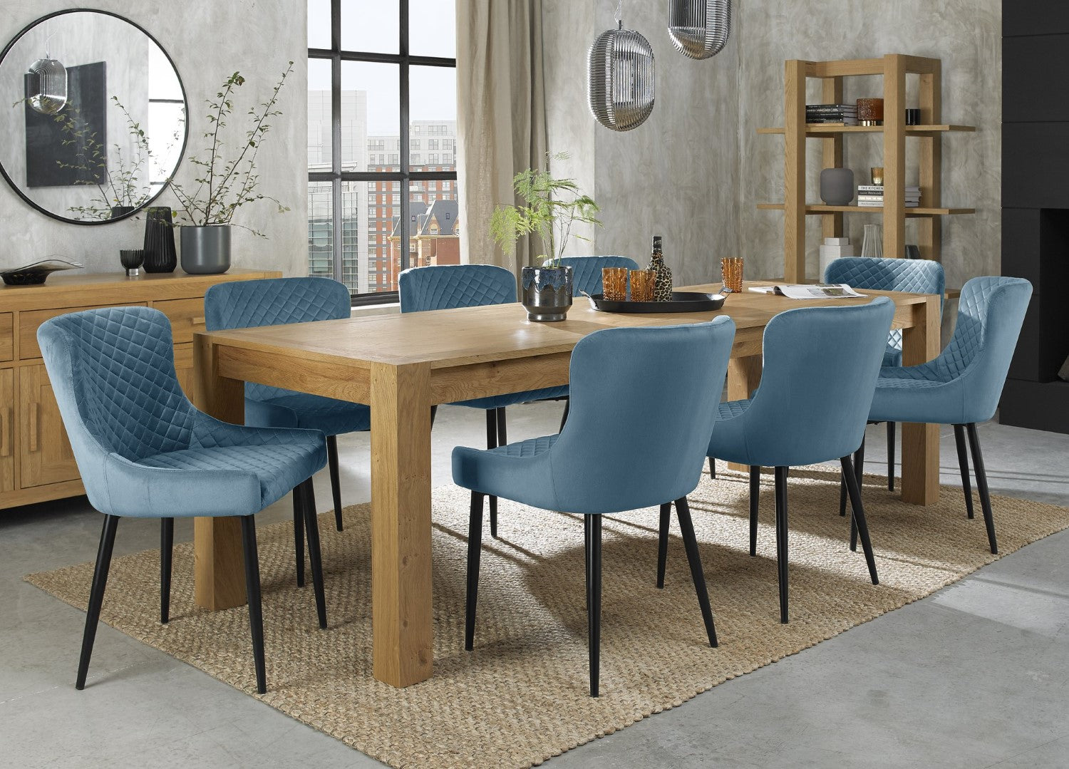 Light Oak Extending Dining Table Set 8 Blue Velvet Chairs