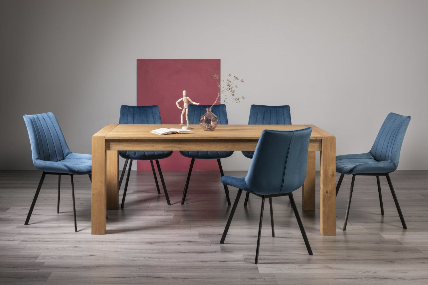 Light Oak Extending Dining Table Set 8 Blue Velvet Chairs