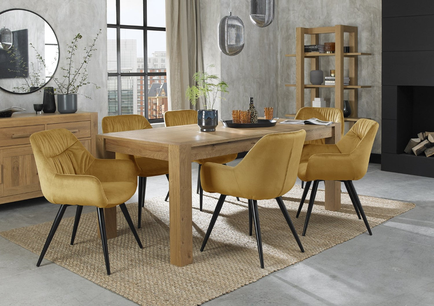 Light Oak Large Extending Dining Set 6 Yellow Velvet Chairs