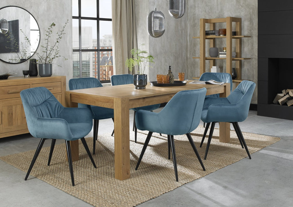 Oak Large Extending Dining Table Set 6 Blue Velvet Chairs