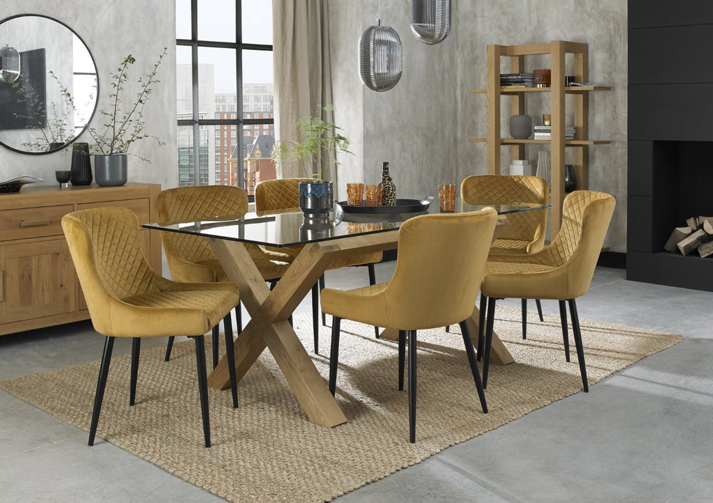 Light Oak Glass Top Dining Table Set 6 Yellow Velvet Chairs