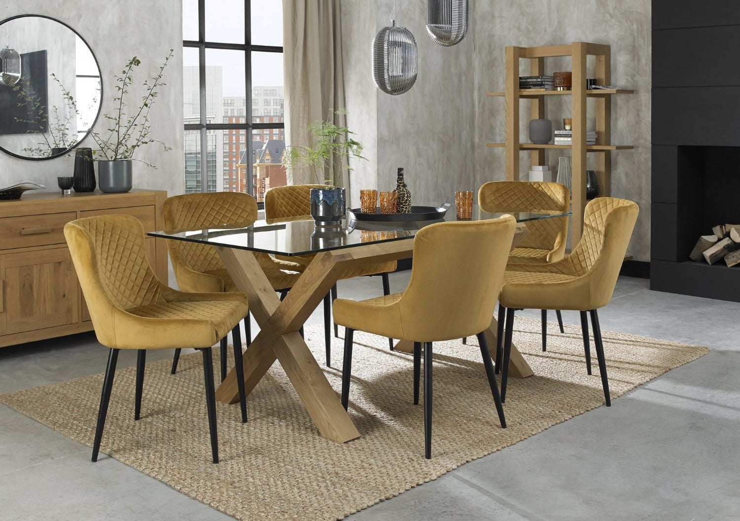 Light Oak Glass Top Dining Table Set 6 Yellow Velvet Chairs