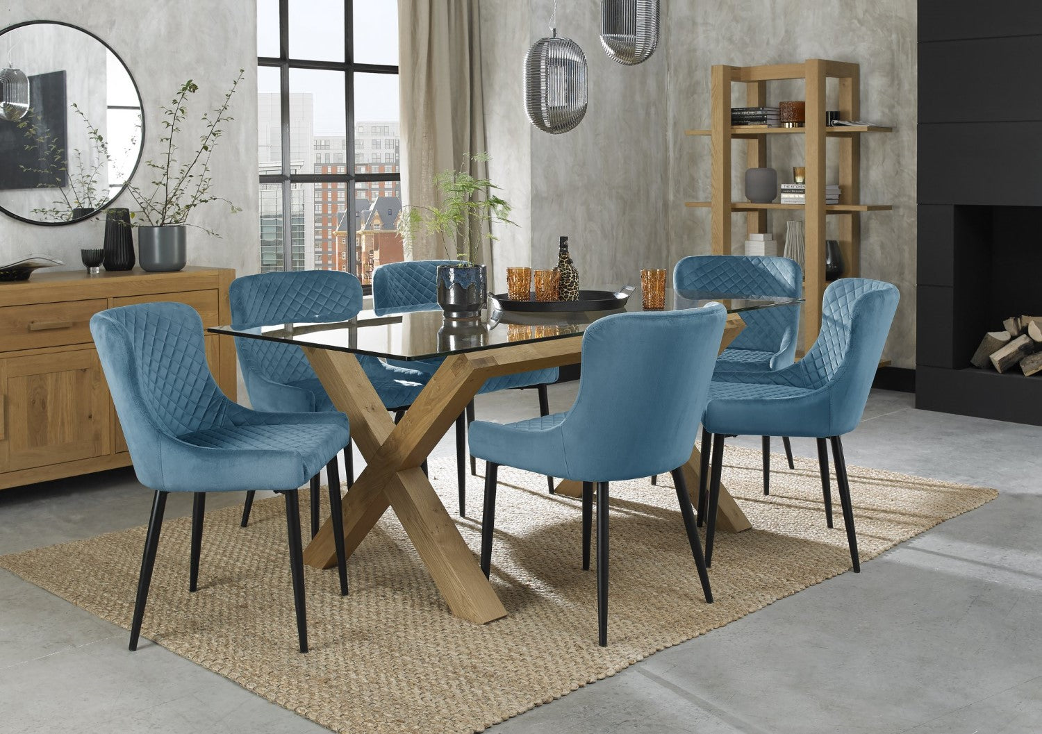 Clear Glass Dining Table Set Oak Legs 6 Blue Velvet Chairs