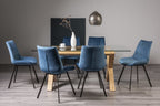 Clear Glass Table X Oak Legs 6 Blue Velvet Chairs Dining Set