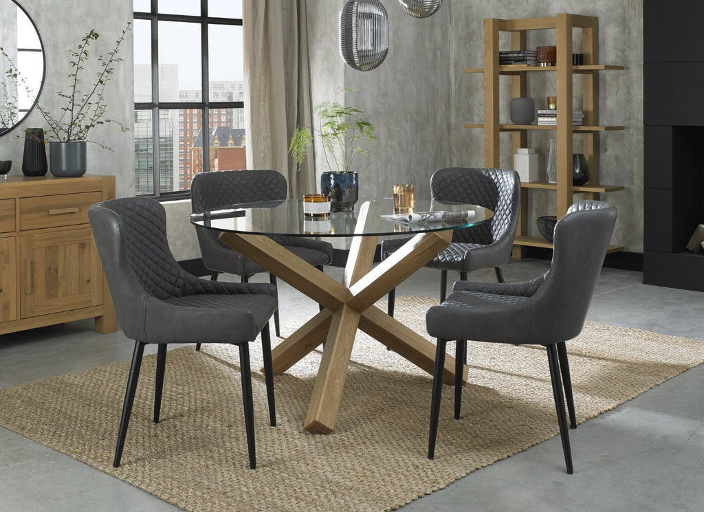 Oak Glass Top Round Dining Table Set 4 Grey Leather Chairs