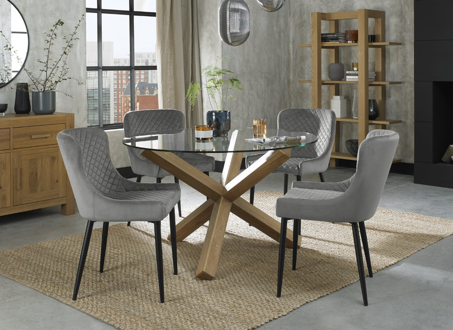 Oak Glass Round Dining Table Set 4 Grey Velvet Chairs