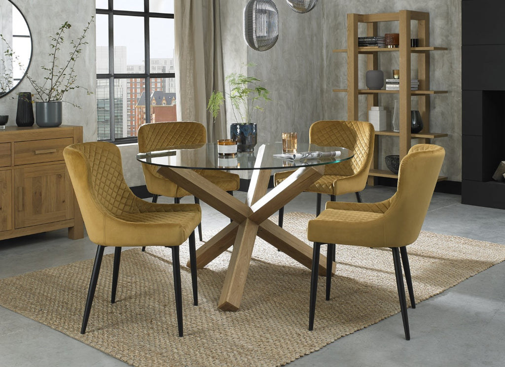 Oak Glass Round Dining Set 4 Yellow Velvet Fabric Chairs
