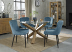 Glass Round Dining Table Set Oak Legs 4 Blue Velvet Chairs